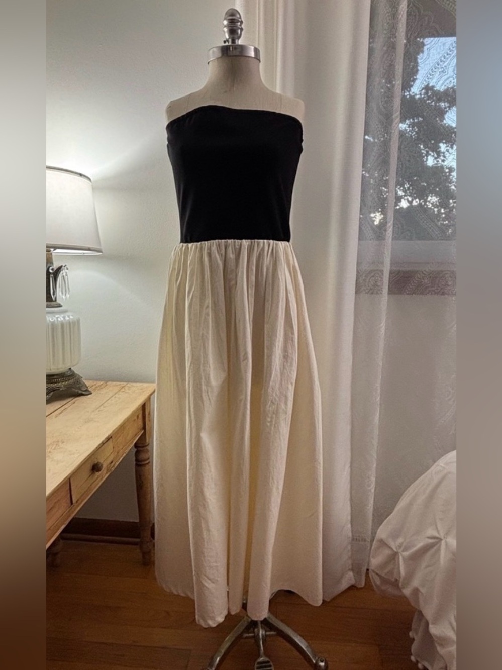 Paper Heart Strapless Long Midi Dress, Black & Cream, XL, EUC